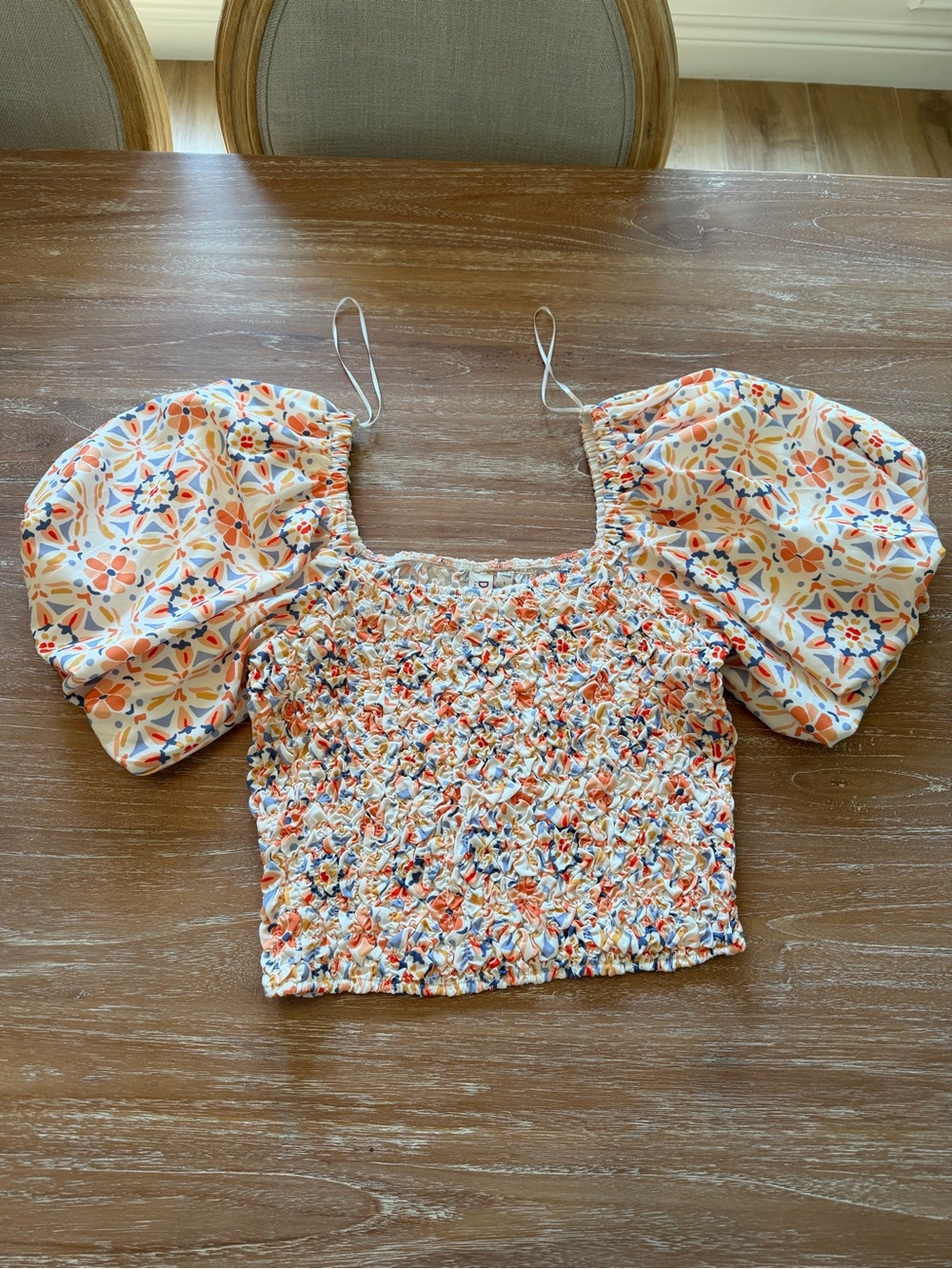 Anthropologie Floral Smocked Crop Top in Cream, Orange & Blue